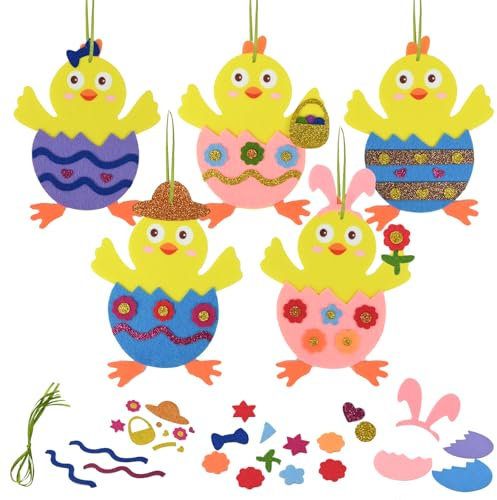 Ulikey 5 Stück Ostern Küken Bastelset für Kinder, Bastelset Ostern Kinder mit Mix & Match Moosgummi Teilen, Osterküken Mix & Match Deko Anhänger, Blau, Grün, Rosa