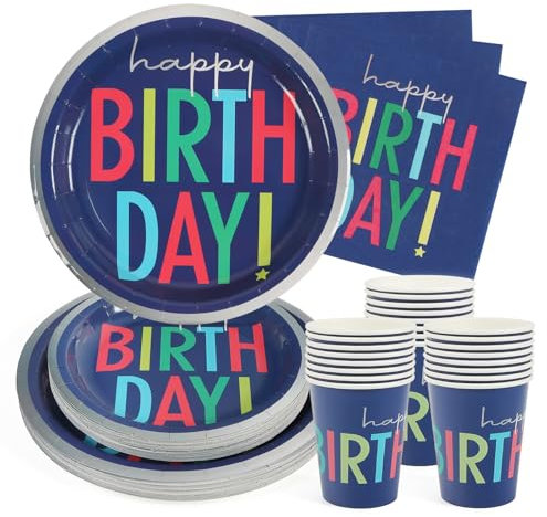 PARTY GO Vajilla de fiesta de 96 piezas azul para niños, platos de fiesta de cumpleaños, juego que contiene platos de papel, servilletas, cubiertos para fiestas de cumpleaños, decoración de baby