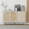 Pawom Esszimmer Sideboard Kommode TV-Tisch Aufbewahrung Schrank mit Türen & Schubladen, Cremefarben, 120 cm, Modernes Design mit PE-Rattan und Massivholzbeinen