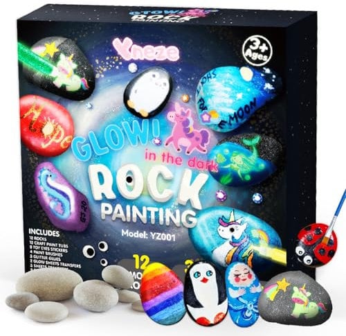 Yneze Steine Bemalen Bastelset für Mädchen 3-12 Jahre – Mit Leuchtlackaufklebern & Metallic-Farben, Kreatives Kunsthandwerk Geschenk