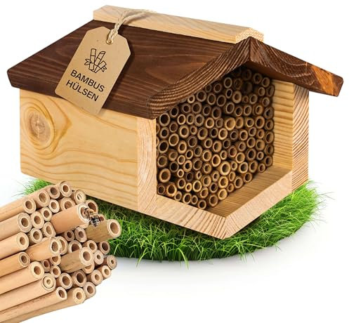 Beesi Insektenhotel mit wetterfestem Dach I Bienenhotel mit Nisthülsen aus Bambus I Verschiedene Durchmesser I hochwertiges Insektenhaus I ohne Splitter I artgerechtes Wildbienenhotel