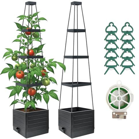 JQTOP 2 Stück Hochbeet Pflanzkasten mit Spalier, Tomaten-Pflanzgefäß mit Rankgitter für Kletterpflanzen, Gemüse, Ranken, Blumen, selbstbewässernder Tomatenkäfig für Garten, Terrasse, Outdoor & Indoor