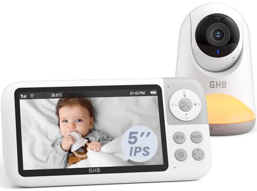 GHB Baby Monitor with Camera and Night Vision Pan-Tilt Zoom 5 720P Video Baby Monitor, 2-Way Talk, VOX, Room Temperature, Lullabies