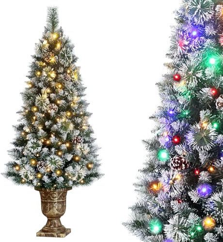 DEWUR 4ft Christmas Tree Pre-Lit Artificial Mini Trees with Gold Pot Base, Flocked Snow Warm White and Colorful Lights Pine Cones, for Entrances, Home Decorations Holiday Decor