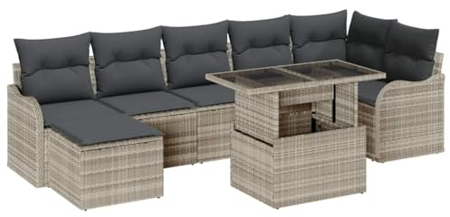 vidaXL Garten-Sofa-Set mit Kissen 8 pcs Hellgrau Poly Rattan, Alfresco Essgruppe, Robuster Rattan, Rechteckige Gartenmöbel, Sofa für 8 Personen, Entspannung im Freien