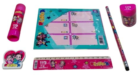 PRESTIGE & DELUXE Set scrittura scuola Me contro Te Rosa Fucsia Glitter - per bambini con matita,gomma, penna, righello, colla, temperino e adesivi sticker per personalizzare libri