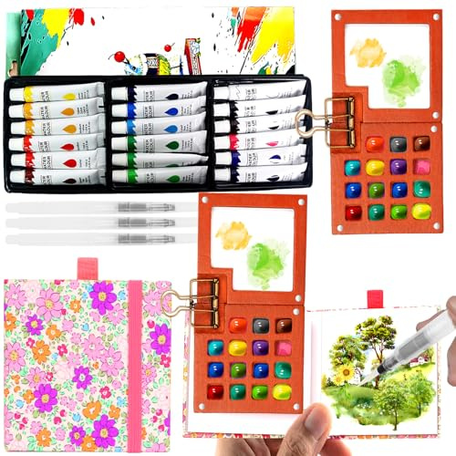 Portable Mini Watercolour Paint Set Travel & Wooden Paint Palette with Metal Clip, 18 x 12ml Watercolour Paints Sets with Sketchbook & Water Pen for Pocket Watercolour Painters,Artists(18 Colors)