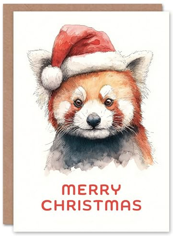 Artery8 Christmas Card Cute Red Panda Wearing a Santa Hat Watercolour
