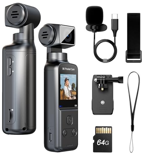 BOBLOV 5K W5 64GB Body Cam, Videocamera per vlog con microfono esterno, obiettivo rotante a 270°, Bodycam EIS per riunioni e uso quotidiano
