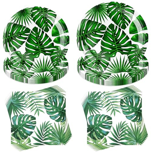 40 Stück Hawaii Partygeschirr,Tropische Palmblätter Geschirr Set,Hawaii Palmenblätter Partygeschirr Set,Partygeschirr für Dschungel,Geburtstag Deko mit Teller Servietten,Pappteller Servietten 10 Gäste