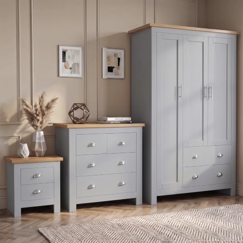 Blisswood 3 Piece Bedroom Furniture Set, 3 Door Wardrobe, 2+2 Drawer Chest of Drawers & 2 Drawer Bedside Table, Modern Shaker Style Bedroom Wardrobe Set with Oak Top, Bedroom Storage Furniture (Grey)