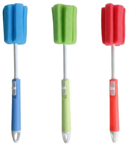 3 Pcs Washing Up Sponge with Handle, Adjustable Long Bottle Brush Cleaner for Deep Cleaning, Soft Foam Dishwashing Wand for Wine Glasses, Mugs, Cups & Kettles (Red, Green, Blue)