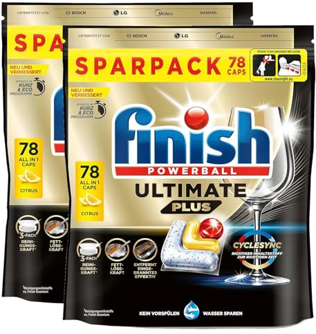Finish Ultimate Plus Citrus - Pastillas para lavavajillas para limpieza intensa, fuerza de grasa y brillo – Pack ahorro con 156 pastillas (2 x 78 pastillas)