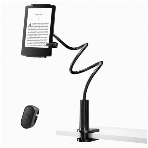 Adjustable Gooseneck Stand with Page Turner for Kindle, Phones and Tablets | Remote page turner, gooseneck stand for Kindle, Kobo, phones, tablets, adjustable, secure clamp, hands-free bed, desk, couch.