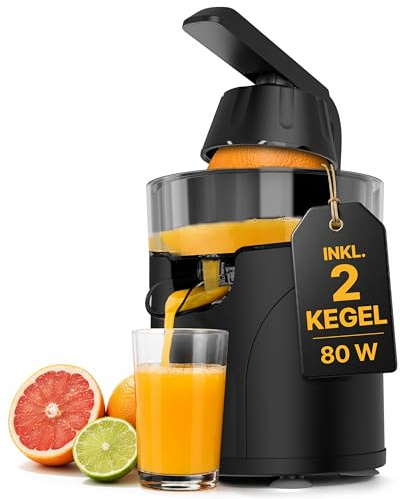 LEBENLANG Saftpresse Elektrisch - Inkl. 2 Kegel & BPA-Frei | Hohe Ergiebigkeit I Zitronenpresse Zitruspresse Orangensaft Elektrische I Orangenpresse Orangensaftpresse Limettenpresse