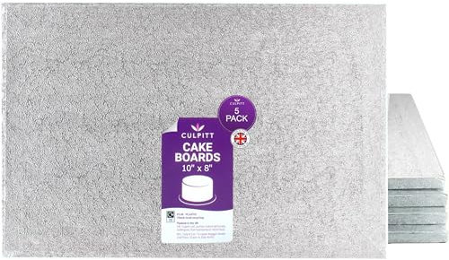 Culpitt 10 x 8 Cake Board, Oblong Cake Drum, Rectangular, 0.5 Inch (13mm) Thick, Pack of 5 Boards For Tray Bakes, Cakes, And Cupcake Displays | Silver
