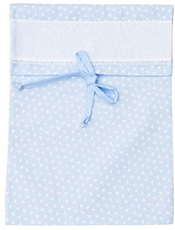 Filet - Sacchetto Porta Corredino con Fascia in Tela Aida 55 Fori da Ricamare, Realizzato in Piquet di Cotone Colorato Stampa Trifogli Bianchi, Made in Italy, Colore Cielo