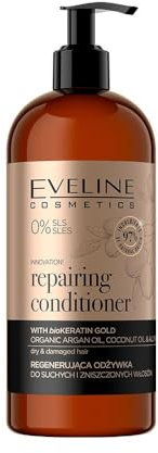 Eveline Cosmetics Organic Gold Regenerierende Spülung für trockenes und strapaziertes Haar mit Biokeratin-Gold-Komplex, Arganöl & pflanzlichem Keratin, 500 ML