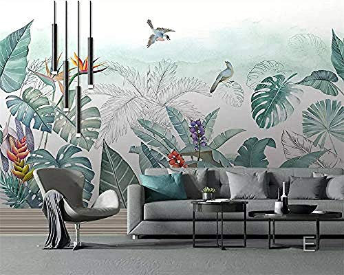 Hand Drawn Wallpaper Small Fresh Tropical Plants Flowers and Birds TV Background 3D Mural Walls Decoration Wallpaper Grey Wall Sticker Border self Adhesive Brick Bathroom Silver Bedroom -400cm×280cm