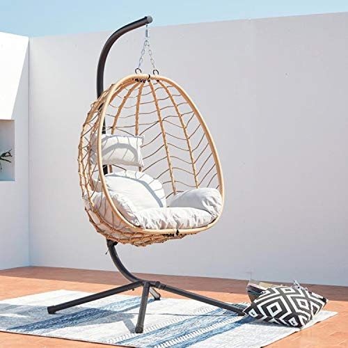 CONCEPT USINE | Hermosa Silla Colgante Lima en Estructura de Acero y Resina Aspecto Ratán Color Beige, Cojín Acolchado Cómodo y Extraíble. Hamaca Impermeable y Resistente, Soporta 160 Kg