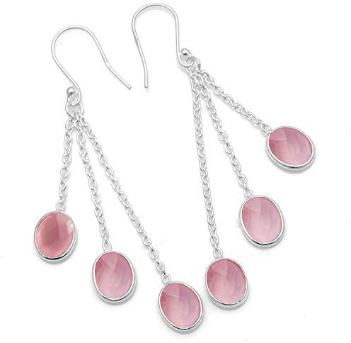 Silver Palace 925 Sterling Silver Natural Gemstone Drop Dangle Earrings for Women, Metal Gemstone, rose quartz-cut