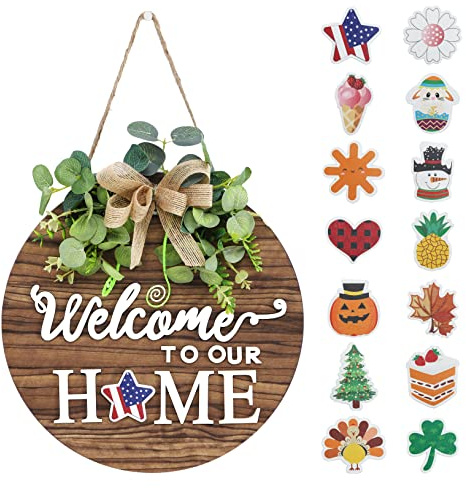Interchangeable Seasonal Welcome Sign Front Door Decoration, Rustic Round Wood Wreaths Wall Hanging Outdoor, Farmhouse, Porch, for Spring Summer Fall All Seasons Holiday Halloween Christmas.