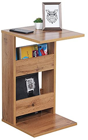 RICOO Kleiner Beistelltisch Holz 35 x 60 x 40cm Couchtisch mit Stauraum Eiche Wotan Braun – WM042-EW, Konsolentisch, Wohnzimmertisch für Couch, Kleiner Tisch, Mini Tisch klein, Sofatisch in C-Form