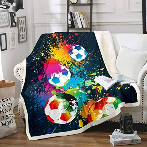 Loussiesd Jungen Plüsch Decke 150x200cm Kinder Sport Themen Kuscheldecke Fußball Sherpa Decke Teens Fußball Spiele Fuzzy Decke für Schlafsofa, Ultra weiches Raumdekor Farbspritztinte Wohndecke