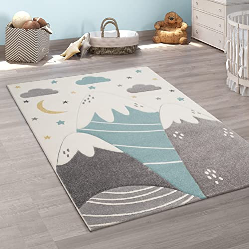 Paco Home Teppich Kinderzimmer Junge Mädchen Kinderteppich Spielteppich Kurzflor Regenbogen Modern 3D Pastell Sterne Berge Wolken, Grösse:200 cm Rund, Farbe:Creme