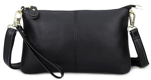 FORRICA Geldbörse Damen Handy Umhängetasche Echte Leder Handytasche Frauen Kleine Schultertasche Rindsleder Clutch Portemonnaie Schwarz