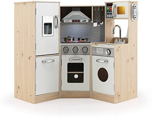 GOPLUS Kinderküche, Spielküche mit Umfangreichem Zubehör, Dunstabzugshauben, Kochfelder, Backöfen, Mikrowellengeräte, Lichter und Geräusche, Schließfächer, Haken, für Kinder ab 3