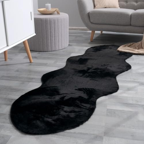 TT Home Wohnzimmer Teppich Unifarben Flauschig Modern Kunstfell Kurzflor, Farbe: Schwarz, Größe:70x200 cm Fell-Form