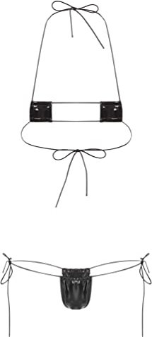 dPois Damen Mini Bikini Sexy Extrem Bademode Zweiteiliger Badeanzug Neckholder Oberteil Bikinihose String Lack Leder Wetlook Dessous Typ A Schwarz Einheitsgröße