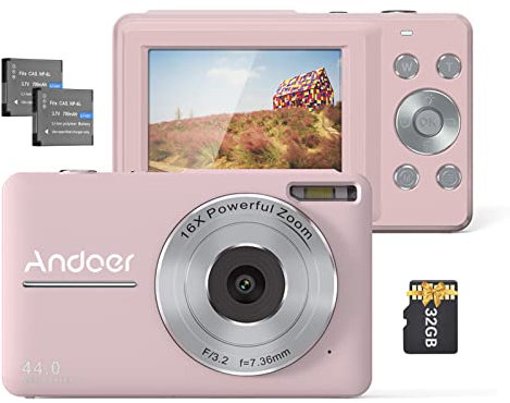 Andoer Digitalkamera Fotokamera mit 32GB Speicherkarte, 1080P 44MP Kompaktkamera 2,5 Vlogging Kamera mit 16X Digitalzoom, 2 wiederaufladbare Batterien für Studenten Teenager Mädchen Jungen, Schwarz