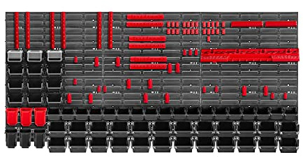 KADAX Werkzeugwandregal Groß, 174x78cm Lagersystem aus robustem Kunststoff, UV-Resistentes Modul-System, Erweiterbare Wandplatten, Werkstattregal für Garage (Rot&Schwarz, 150 tlg.)