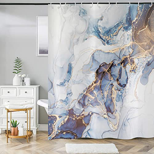 ASDCXZ Marmor Duschvorhang 180x200 cm, Modern Abstrakt Kunst Blau Gold Weiß Marmor Optik Textur Bad Waschbar Duschvorhänge Polyester Textil Wasserdicht Badevorhang für Badewanne mit 12 Haken
