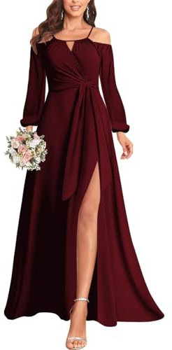 KURFACE Long Chiffon Bridesmaid Dresses for Women Long Sleeve Off Shoulder Wedding Formal Gowns WSX457 Burgundy UK22