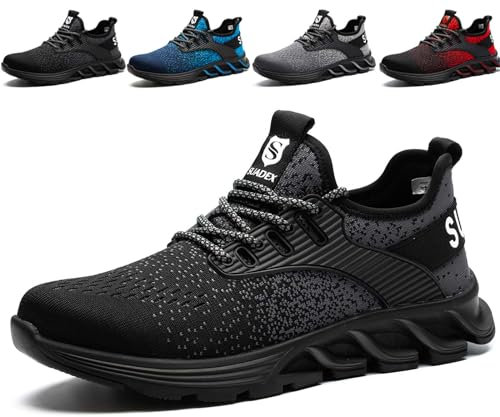 SUADEX Sicherheitsschuhe Arbeitsschuhe Herren Damen Leicht Arbeitsschutzschuhe Stahlkappenschuhe Atmungsaktiv mit Stahlkappe Schwarz 47 EU