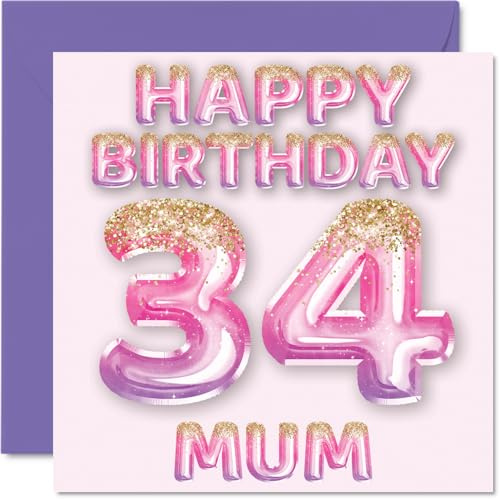34th Birthday Card for Mum, Pink & Purple Glitter Balloons | Happy Birthday Cards for 34 Year Old Mum Mother from Son Daughter, 145mm Bday Greeting Cards Gift