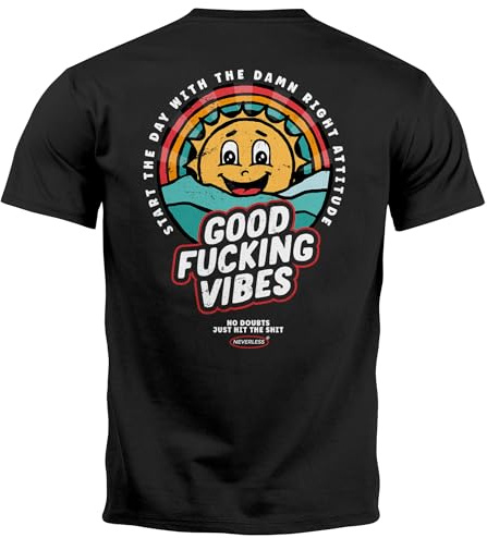 Neverless® Backprint Tshirt Herren Good Vibes Schriftzug Sommer Sonne Retro Vintage Printshirt mit Brustlogo Fashion Streetstyle