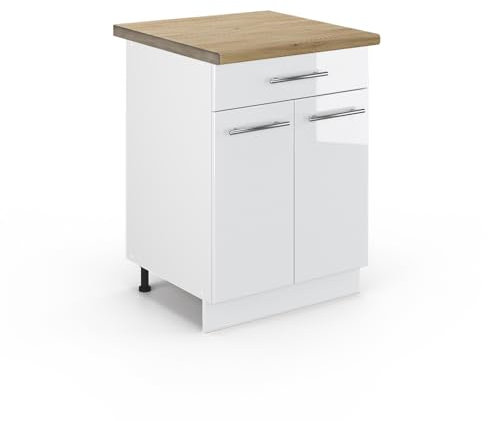 Vicco Küchenunterschrank Fame-Line, Weiß Hochglanz/Weiß, 60 cm mit Schublade, AP Eiche