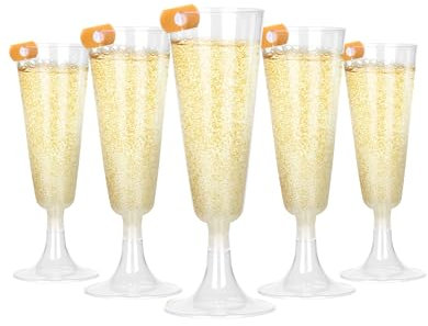 25pcs Sektgläser Plastik +10pcs Glasmarkierer Dessertgläser Plastik 160ml Dessertbecher Stielgläser Sektgläser Kunststoff Champagner Gläser für Cocktail Dessert Plastikbecher für Hochzeit Party
