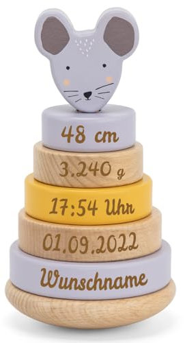 Personalisierter Stapelturm aus Holz von Trixie mit Namen und Geburtsdaten graviert Geburtsgeschenk Maus