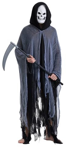 JQMAO Halloween Kostüm Herren Sensenmann: Grim Reaper Kostüme für Erwachsene mit Sense Maske (Grau)