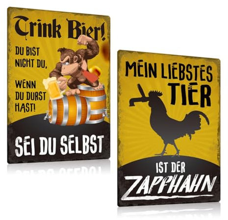 2ER BIER SCHILD SET 20X30cm - Retro Blechschild Bar mit Spruch Lustig - Kneipen Metallschild Wandschild Wand-deko für Theke Partyraum Kellerbar Partykeller Hobbyraum - Geschenk für Männ Papa (SET B)