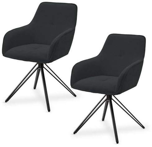 Juskys Drehstuhl Clyde mit Armlehne 2er Set - Esszimmerstuhl modern mit Stoff Bezug - Polsterstuhl Esszimmer - 120 kg belastbar - Stuhl Cord Dunkelgrau