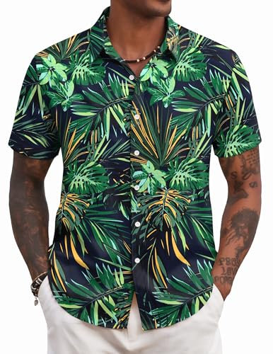 COOFANDY Hawaiian Shirts Men Summer Shirts Short Sleeve Holiday Shirt Casual Tropical Shirt Regular Fit Green Leaves XL