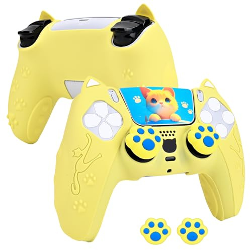 DLseego Custodia Protettiva in Silicone Skin per Controller PS5,Custodia Protettiva Ergonomica Antiscivolo per PS5 Controller con 2 Cappucci per Joystick e 2 Adesivi Gatto Carino per Touch Pad,Giallo