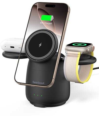 Magnetic Wireless Charger for iPhone, 3 in 1 Charging Station for iPhone Air/17/17 Pro Max/16/15/14, Charger Stand for Apple Watch Ultra 3/2, SE 3/2, 11/10/9/8/7, Airpods, SwanScout 707M (No Adapter)