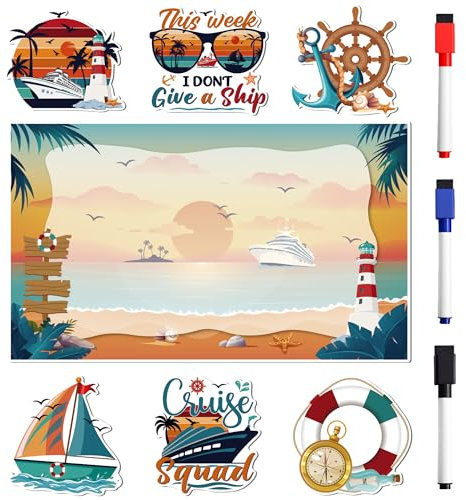 Cruise Door Decorations Magnetic, 7 Pcs Retro Sunset Beach Nautical Vacation Cruise Magnets, Cruising Essentials Fun Ship Cabin Door Signs Fridge Decor, with 3 Pcs Pens